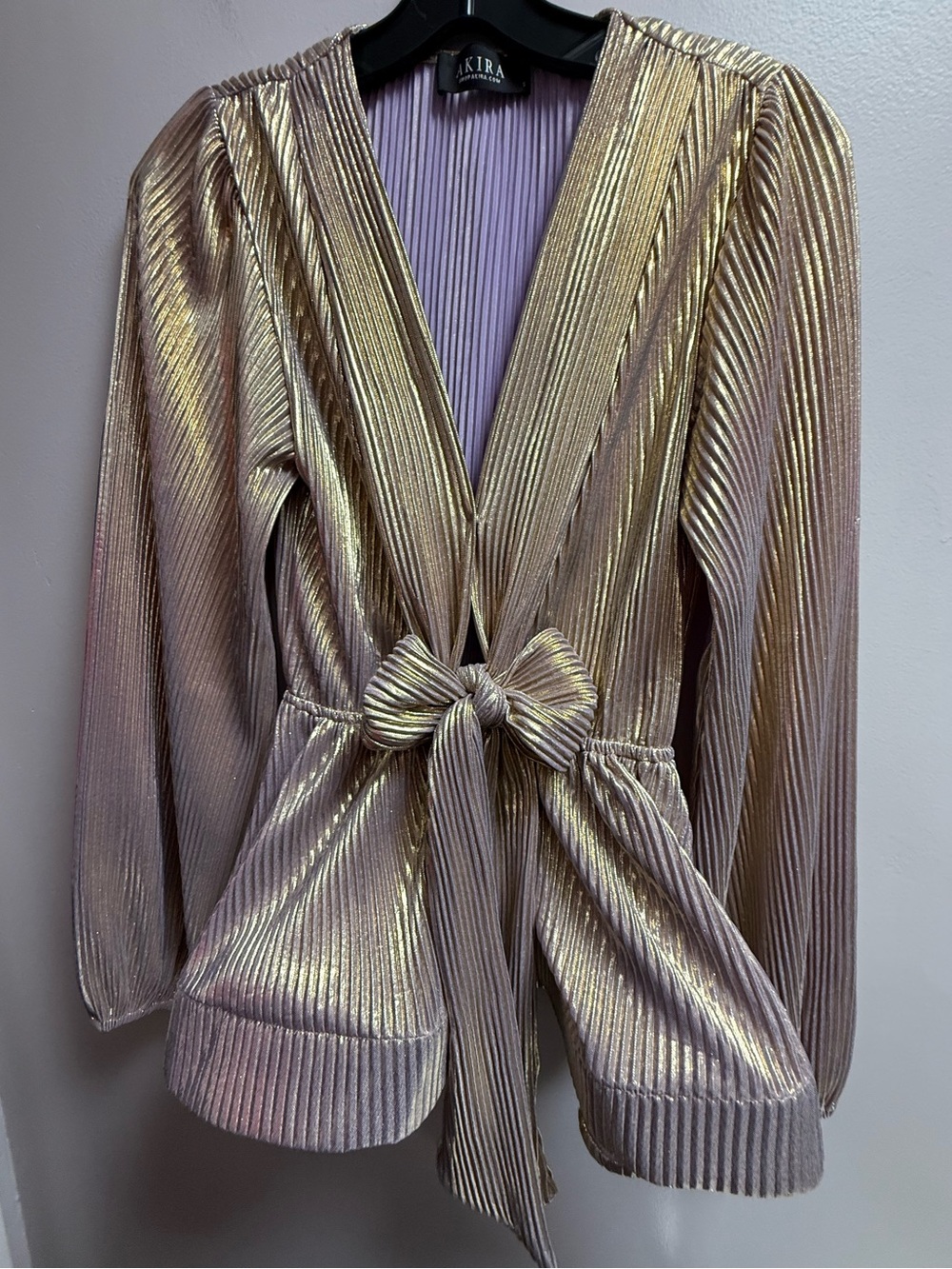 Like New AKIRA Shimmery Metallic Gold Plisse Tie-Front Pleated Jacket Women’s S